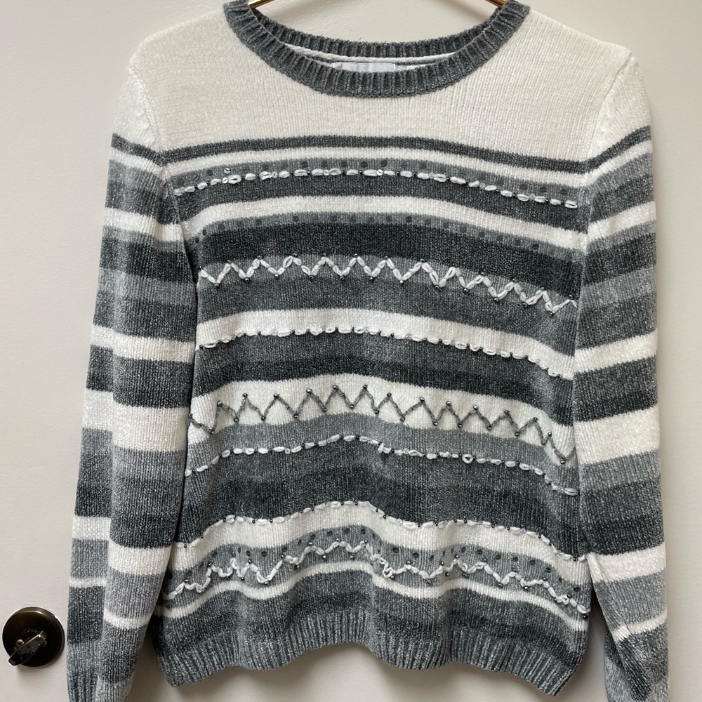 Alfred Dunner grey striped sweater with sequins and silver beads